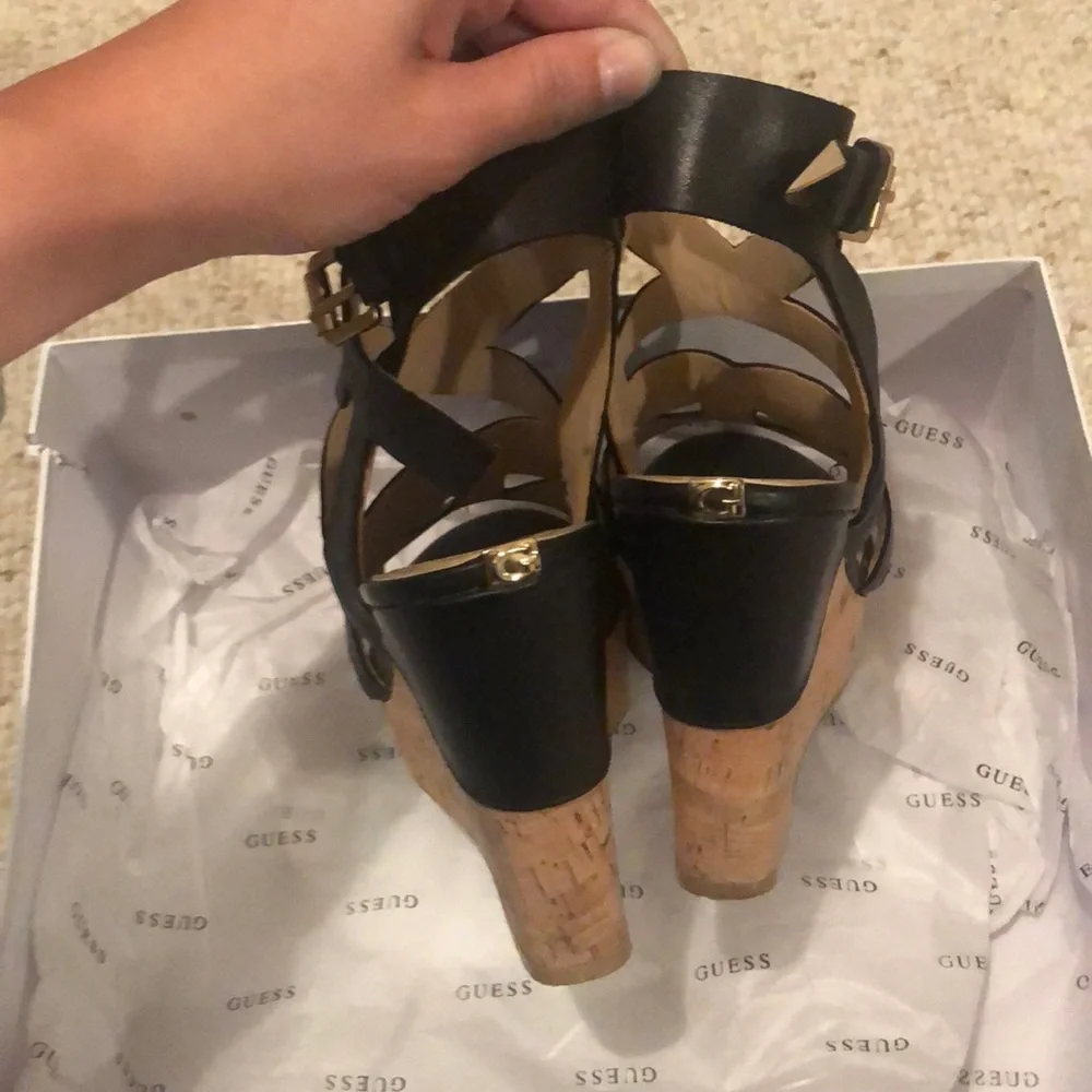 GUESS Black Leather Strappy Cork Wedge Sandals